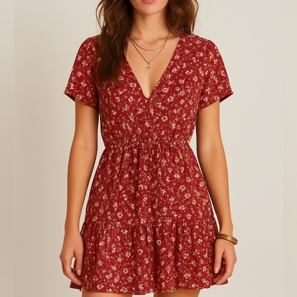 NOBO Dresses & Skirts - Boho Floral Red V-Neck Hippie Dress